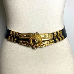 Black+Gold Judith Lieber Lions Head Leather Adjustable Belt